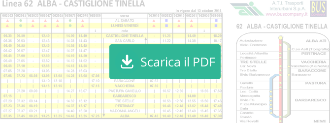 Scarica il PDF con gli orari della linea 62, Alba - Castiglione Tinella